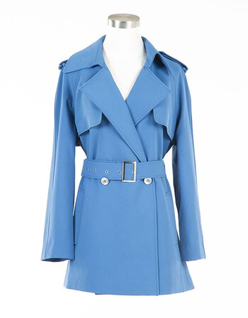 湖兰彩色麻纱方领前后雨搭肩袢双排扣系带短风衣caisema21810湖蓝色s