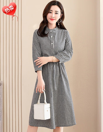 春秋长袖格子连衣裙女2019新款中长款正式场合简单大方休闲棉布裙