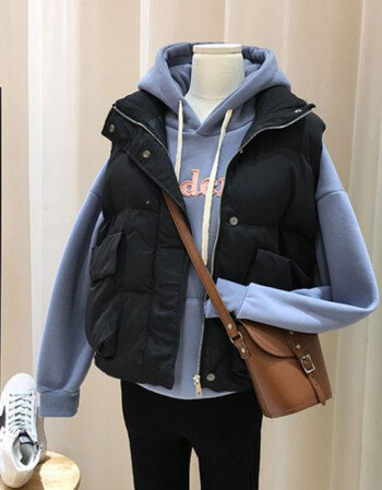 卫衣女冬时尚套装女气质棉服马甲外套韩版加绒连帽潮大口袋黑色马甲