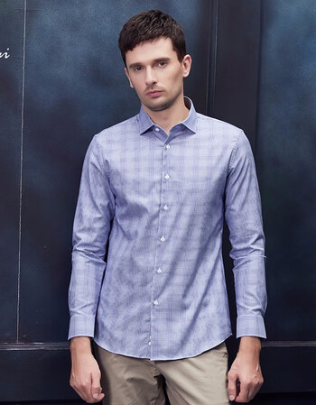 鲁泰luthai英式格纹温莎领长袖衬衫纯棉弹力男士衬衣蓝色格纹42