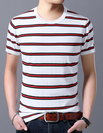 花花公子短袖t恤男士修身韩版圆领条纹针织体恤夏季半袖潮流男装衣服