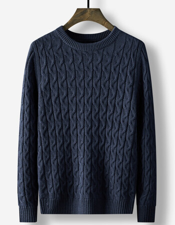 zarlu手工编织毛衣成品男士冬季羊毛针织圆领大码中年商务打底麻花纹