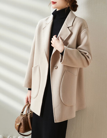 sofsil索菲丝尔羊毛双面呢大衣女秋冬季2021新款宽松休闲毛呢外套米色