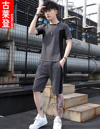 古莱登男装夏季短袖t恤套装男长裤一套衣服男生夏天春夏 日韩版潮流学生男士青少年半袖整套运动装t710灰色m 男款半截袖上衣搭配长裤子两件套装 图片价格
