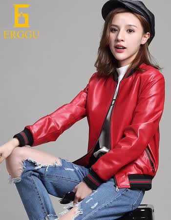 皮真皮小皮衣女外套短款2018秋冬新款修身显瘦棒球服皮夹克女 红色 s