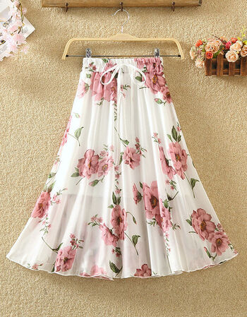 春夏雪纺中长裙修身碎花女士半身裙松紧腰显瘦半身裙大摆裙a字裙长裙