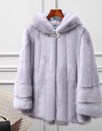 轻奢品牌整貂貂皮大衣女短款 海宁时尚连帽水貂皮草外套冬季新款 蓝