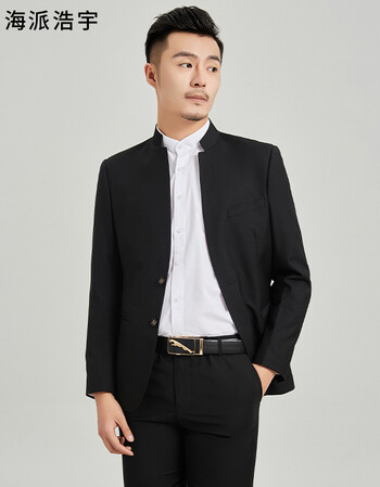 海派浩宇中山装套装男修身立领商务正装两粒扣黑色180100a