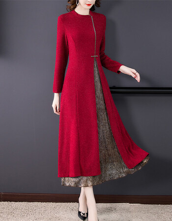 冬天穿的旗袍裙保暖长款冬款加绒加厚连衣裙女冬季红色中年妈妈配大衣