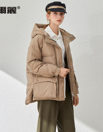 【2020新款】女款侧摆开叉腰部抽绳*口袋连帽短款羽绒服 奶茶色(此款