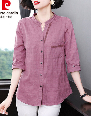 皮尔卡丹轻奢高档品牌棉麻衬衫女士七分袖大码女装衬衣2021新款夏妈妈宽松棉格子上衣针织粉紫色3xl 图片价格品牌报价 京东