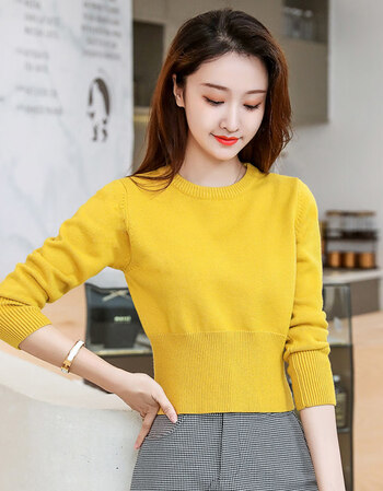 针织短款上衣打底衫女春秋冬季内搭2021新款洋气修身长袖黄色s