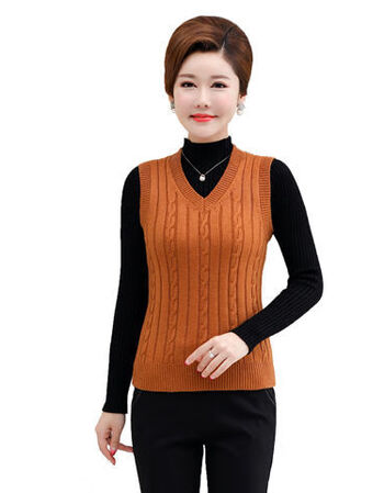 专柜品质春秋冬中老年羊毛针织背心女马甲v领妈妈装坎肩毛衣焦糖色m