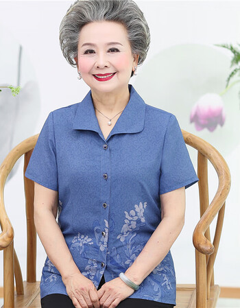 穿的服装老年装女妈妈装衬衫老年人短袖套装老人衣服李亚衬衫短袖蓝色