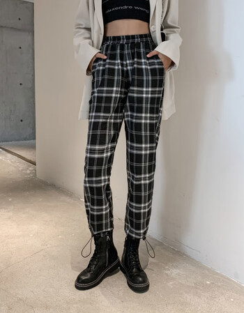 秋冬新款格子裤女冬季加绒不加绒黑格子裤女宽松显瘦高腰阔腿束脚裤女