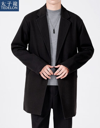 毛呢大衣男2021秋冬季新款轻熟风休闲韩版潮流帅气上衣男装外套 黑色