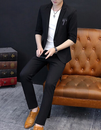 夏季薄款短袖西服套装男士韩版潮流时尚帅气中袖小西装两件套 黑色