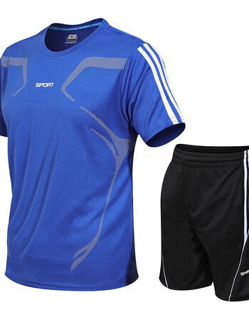 新款跑步运动服套装男薄款透气速干运动短袖五分短裤运动套装蓝色3xl