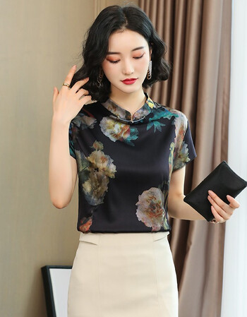 中式复古印花桑蚕丝短袖上衣2009大花请选择正确尺码咨询请联系客服
