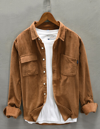 秋冬全棉上衣男装外套纯色灯芯绒男士工装加绒加厚一体绒衬衣长袖休闲