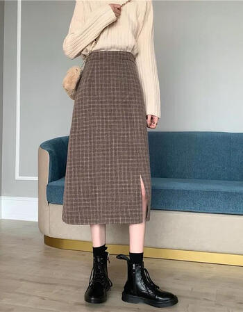 秋冬新款港味半身裙女中长款格子裙高腰a字包臀裙显瘦打底裙卡其色xl
