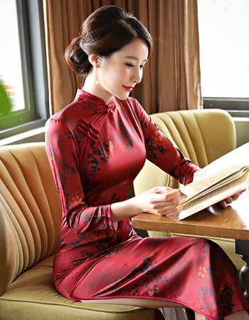 长款旗袍长款秋冬2017新款优雅修身妈妈装大码真丝旗袍女显瘦 红色