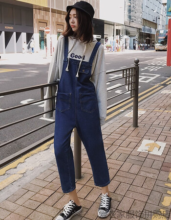 潮牌牛仔背带裤女开春外套韩版ins裤子女可爱 深蓝 s