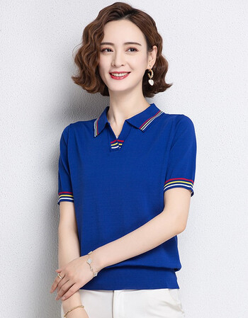 倾依色polo领短袖t恤女2022年新款夏装冰丝针织衫妈妈宝蓝色翻领上衣