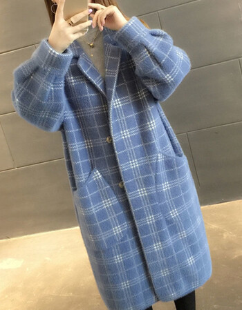 贤语感仿水绒中长款格子外套女宽松加厚针织毛大衣2021新款蓝色s8095