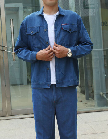 阿亨电工焊工耐磨劳保服工厂工程工地耐脏夏季薄款牛仔工作服套装男