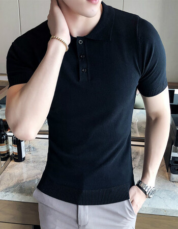 黑色毛衣男春秋款小翻领短袖纯色polo衫修身韩版半袖t恤男装针织线衫