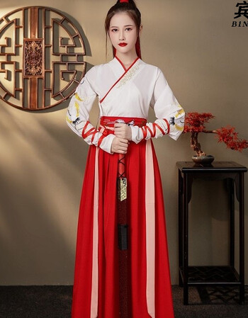 汉服女中国风交领齐腰襦裙仙鹤刺绣男学生班服情侣古装日常白色上衣