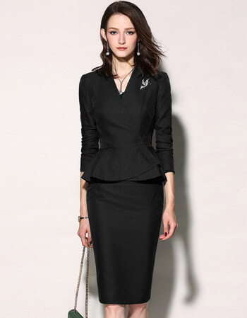 2019春秋新款女装ol白领时尚套裙职业装套装一步裙两件套 黑色 m