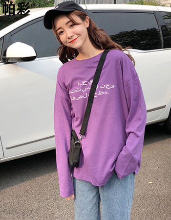 帕彩2018秋装韩版个性地球字母印花宽松长袖紫色t恤上衣女潮 紫色 m