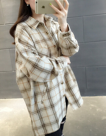 2019新款女春装韩版长袖宽松百搭很仙的上衣学生洋气港风格子衬衫茵