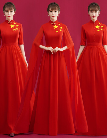 演出服女长裙舞台朗诵表演服装大合唱指挥主持礼服红色立领排扣款xxxl