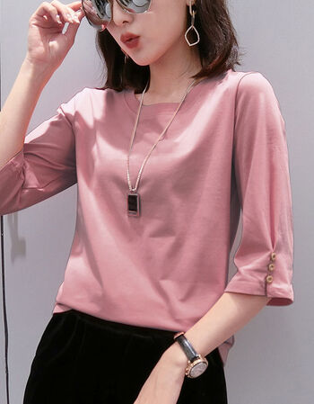 中袖t恤女装七分袖纽扣百搭宽松时尚2021年夏款洋气显瘦上衣豆沙色m