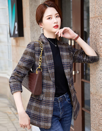 春秋新款时尚职业女装显瘦通勤ol女士小西服上衣单件蓝咖格纹小西装l