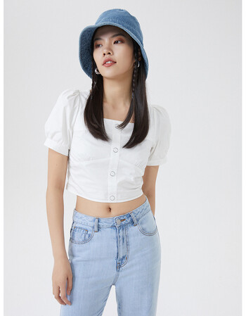 美特斯邦威海报风上衣女短款露肚脐短袖衬衫2021新款夏季修身百搭法式