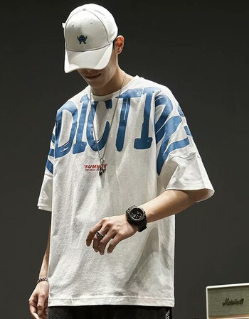 际域jiyu短袖t恤男潮牌肩膀字母印花半截袖夏季嘻哈街头潮流ins五分袖