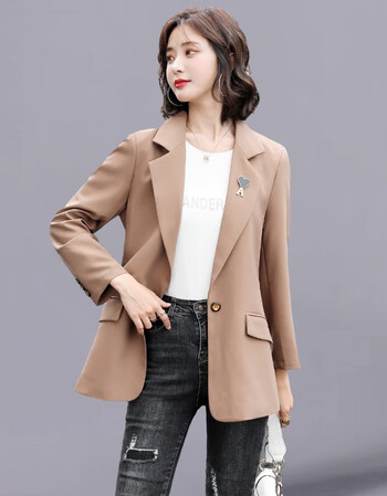 显瘦时尚女士宽松格子夹克西装外套女小个子短款西服外套上衣焦糖色l