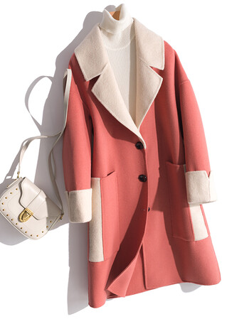 慕容轩昂2018秋冬新款女长款羊毛衫大翻领拼色双面呢大衣 西柚粉色 s
