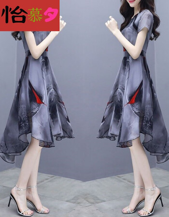 怡慕夕夏天连衣裙女短袖韩版修身显瘦印花雪纺飘逸燕尾裙女夏天裙子