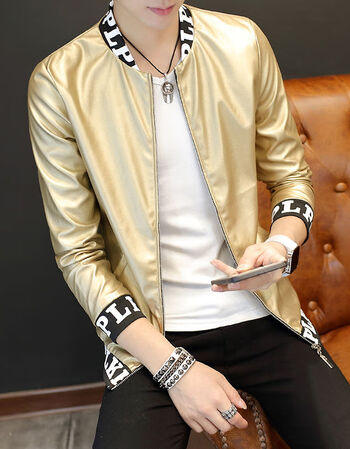 修身青少年帅气衣服2021秋冬潮流新款社会小伙男皮夹克金色12款2xl