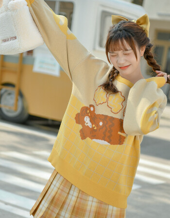 原创森女部落可爱老虎毛衣外穿慵懒风春秋减龄针织套头衣服新款萌黄色