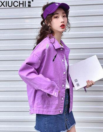 韩版宽松韩版糖果色学生短外套ins情侣装绣花牛仔褂夹克上衣服 浅紫色