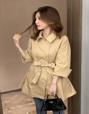 女装新款春季新款韩版翻领系带风衣女小个子宽松外套chic名媛时尚上衣