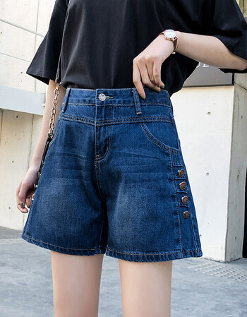 特大码牛仔短裤女夏季高腰宽松胖妹妹加肥加大200斤阔腿三分裤子蓝色