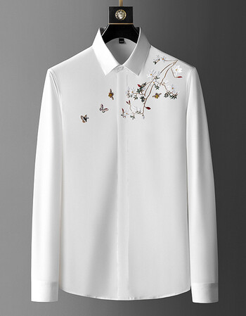 衬衫男修身潮流时尚2021秋冬季新款男士上衣男免烫百合花图案轻奢刺绣