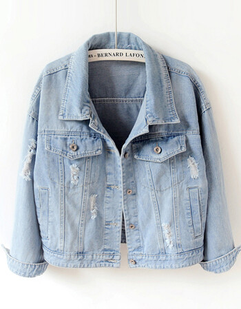 韩版休闲浅色破洞长袖短款牛仔外套女宽松bf牛仔衣夹克衫上衣夏尔维纳